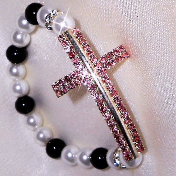 Hand Crafted Jewelry - Sideways Cross Crystal Bracelet